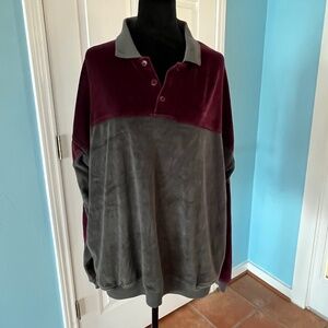 Vintage mens long-sleeved, gray burgundy velour polo shirt SZ XL